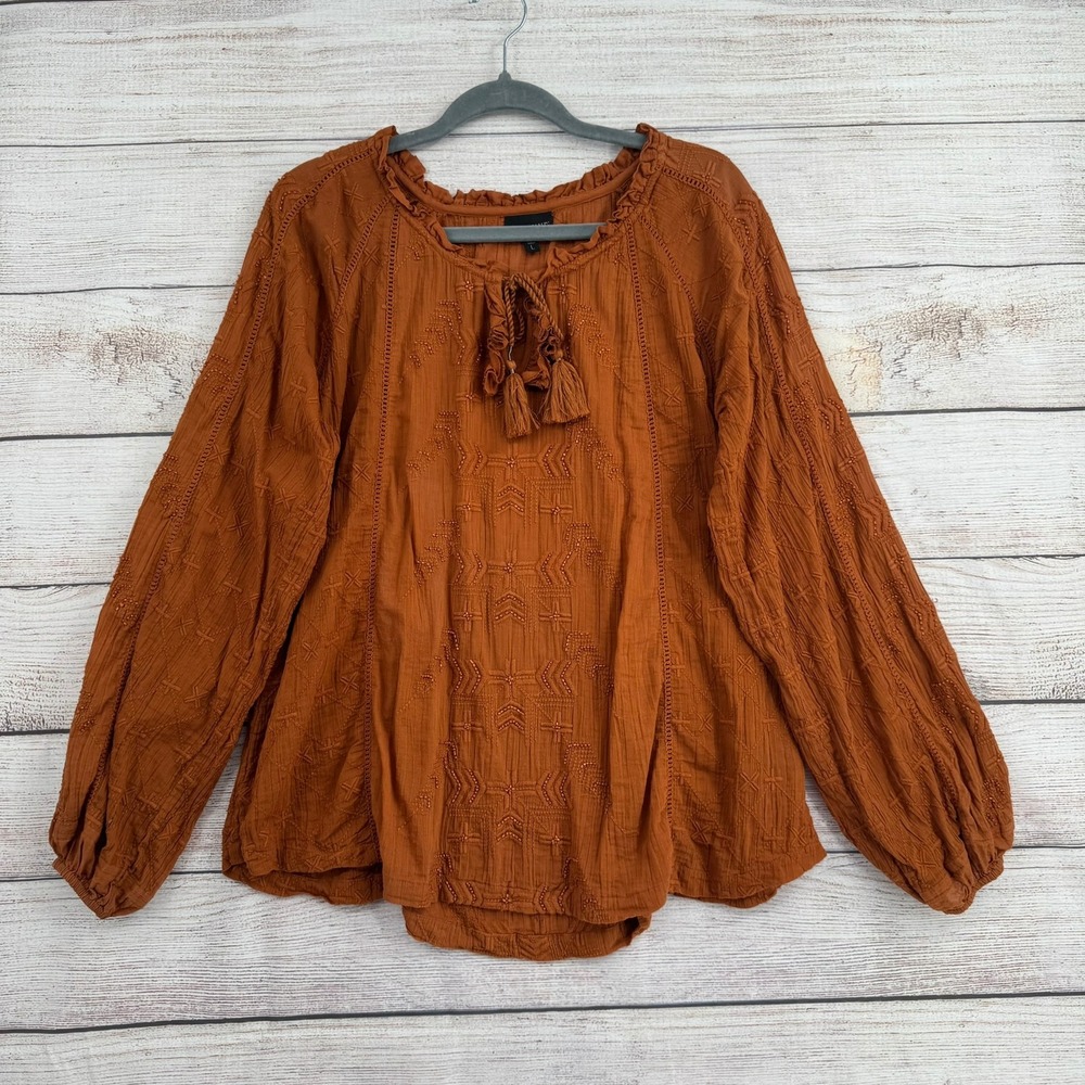 Shyanne Peasant Blouse Women Large Rust Orange Embroidered Tassel Gauze Top